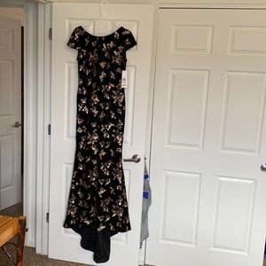 Black velvety sequined gown with low back